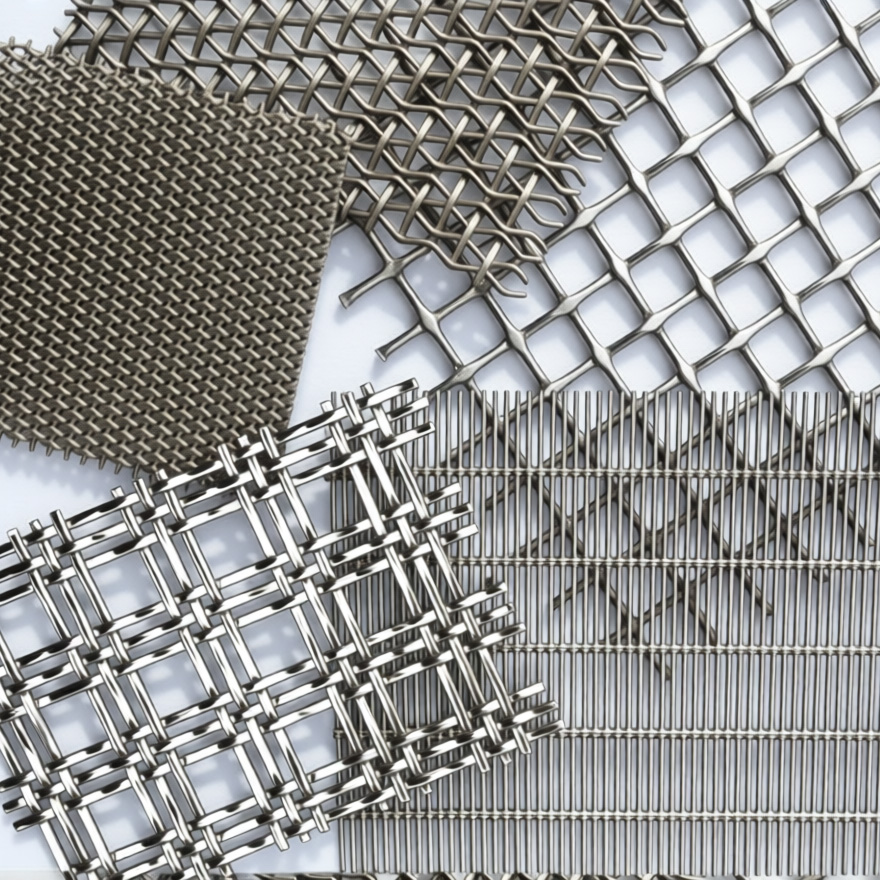 Une collection d’échantillons architecturaux de treillis métalliques par BZ Wire Mesh, montrant divers tissages, incluant des motifs sertissés et ouverts imbriqués. Une collection d’échantillons architecturaux de treillis métalliques par BZ Wire Mesh, montrant divers tissages, incluant des motifs sertissés et ouverts imbriqués.