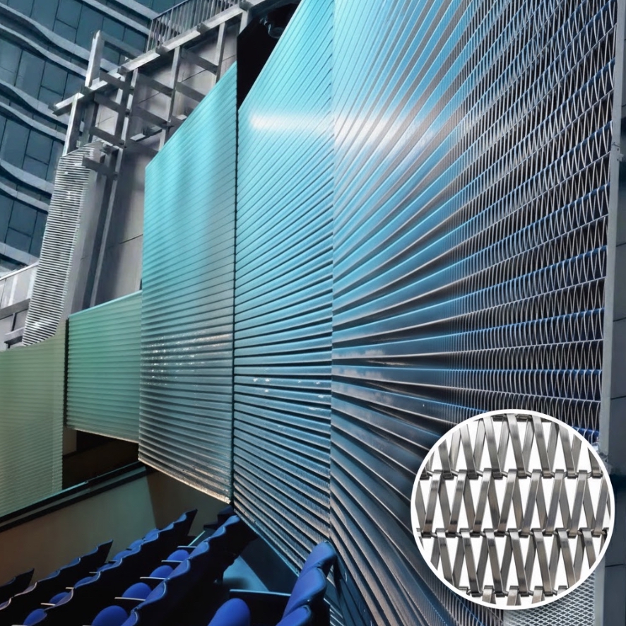 Mur architectural en maille spirale BZ-5130 avec éclairage LED bleu dans un auditorium moderne. Mur architectural en maille spirale BZ-5130 avec éclairage LED bleu dans un auditorium moderne.